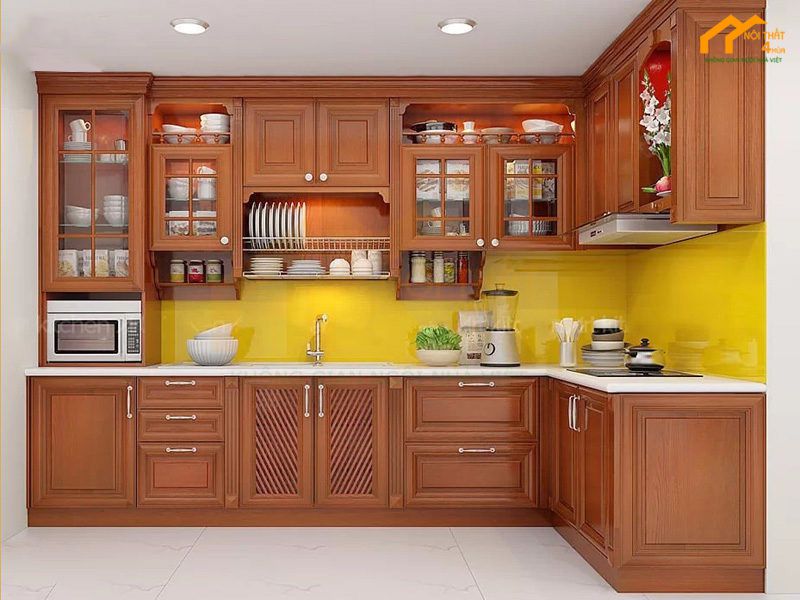 Mẫu tủ bếp gỗ xoan đào chữ L đẹp