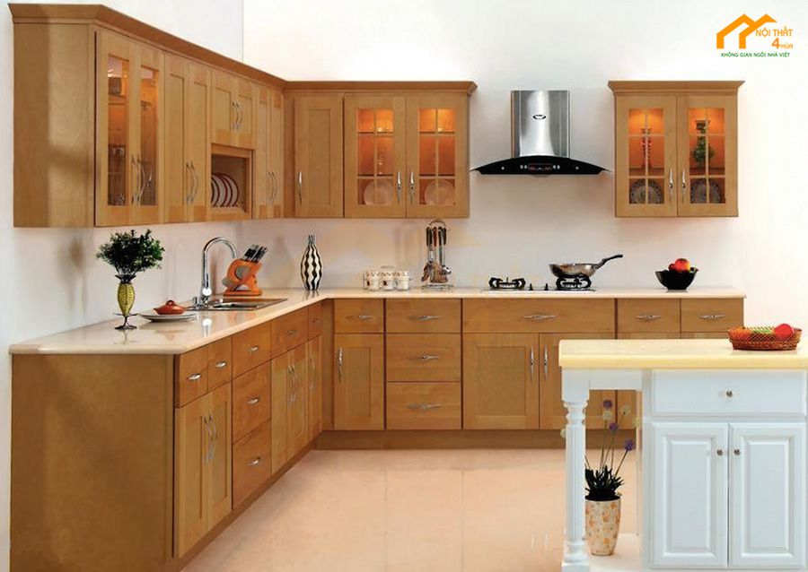 Mẫu tủ bếp chữ U gỗ xoan đào