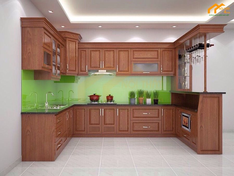 Mẫu tủ bếp gỗ xoan đào chữ U đẹp