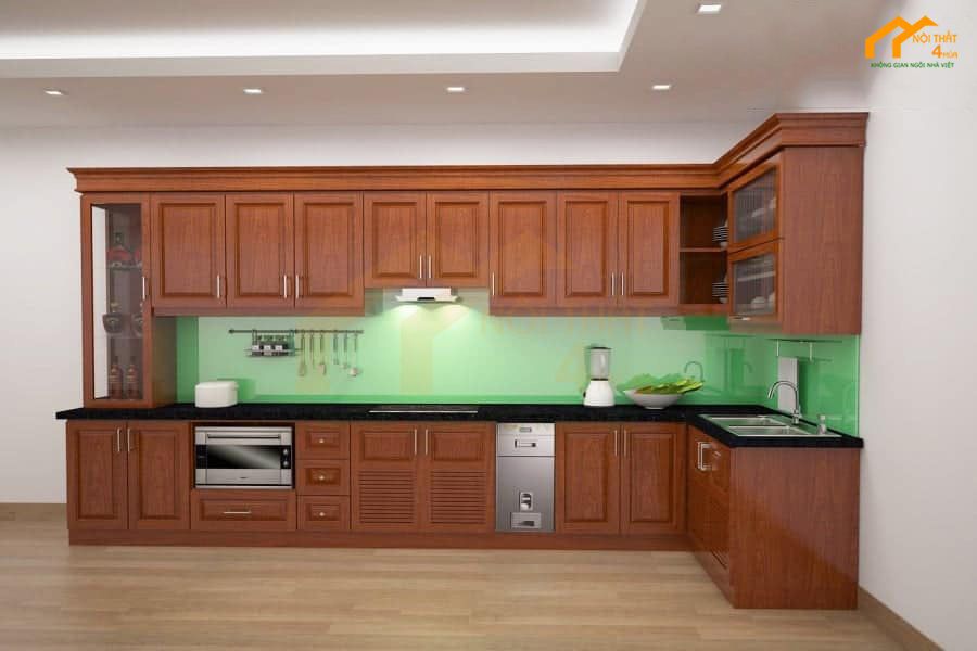 Mẫu tủ bếp gỗ xoan đào chữ L đẹp