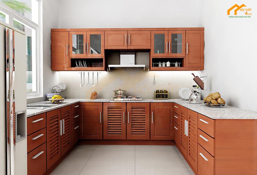 Mẫu tủ bếp chữ U gỗ xoan đào