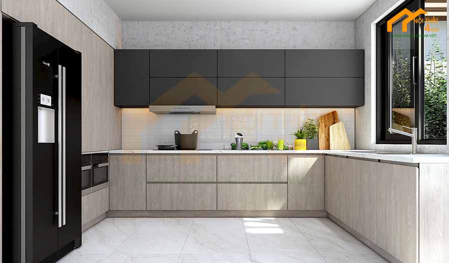 Mẫu tủ bếp gỗ hình chữ U laminate