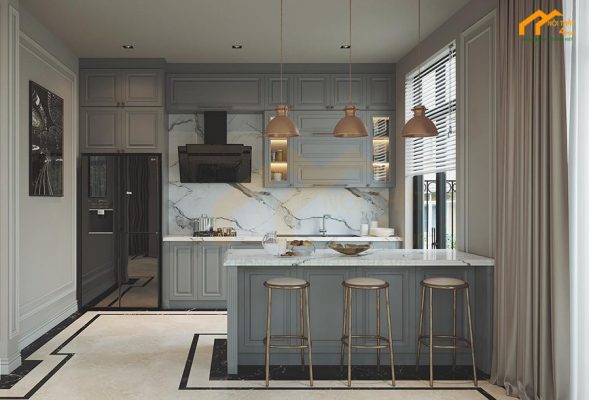 Mẫu tủ bếp chữ i có quầy bar