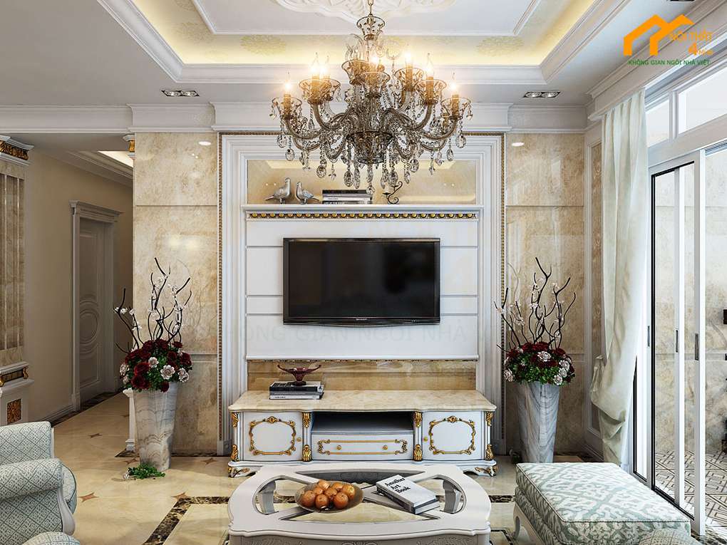 Vách tivi phòng khách nhà ống, nhà phố