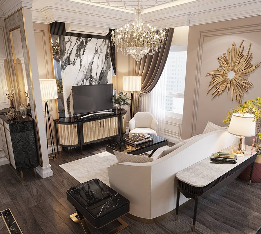 Vách tivi phòng khách nhà ống, nhà phố