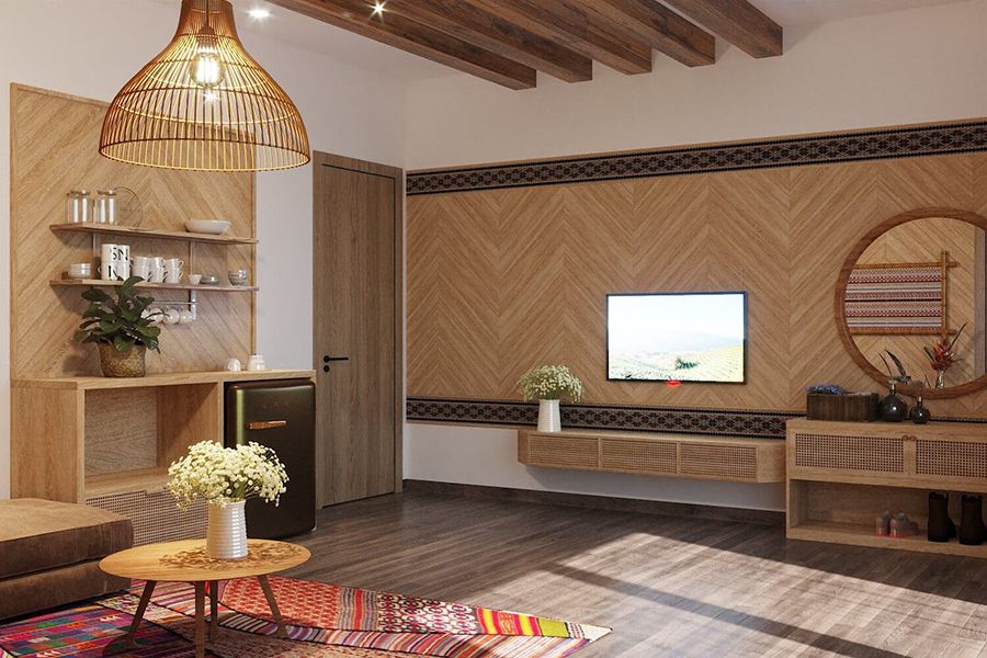 25+ Mẫu ốp gỗ phòng khách nhà ống đẹp, sang trọng 10 Ốp gỗ vách tường phòng khách