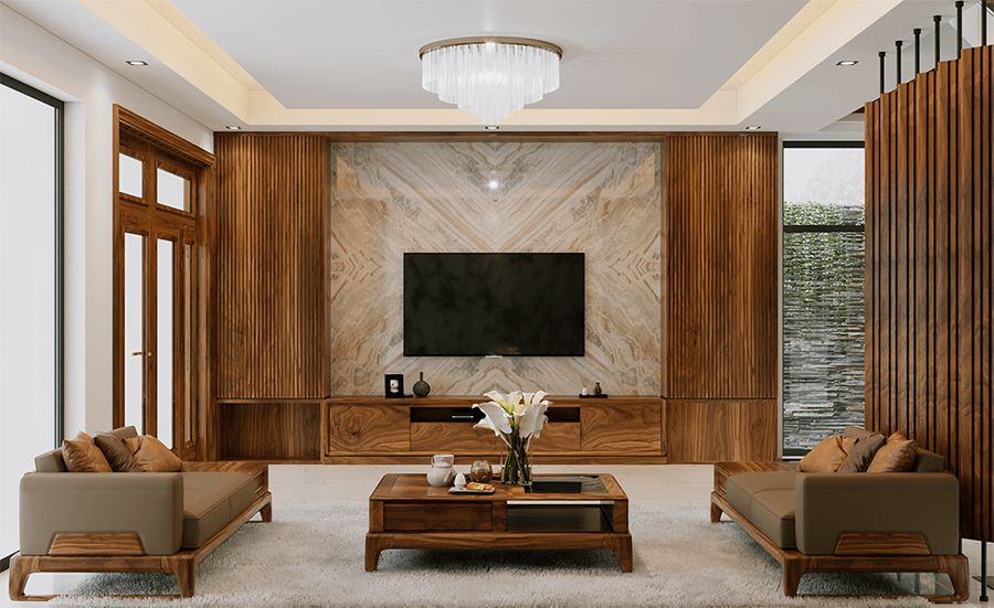 25+ Mẫu ốp gỗ phòng khách nhà ống đẹp, sang trọng 13 Mẫu ốp gỗ phòng khách nhà ống gỗ công nghiệp