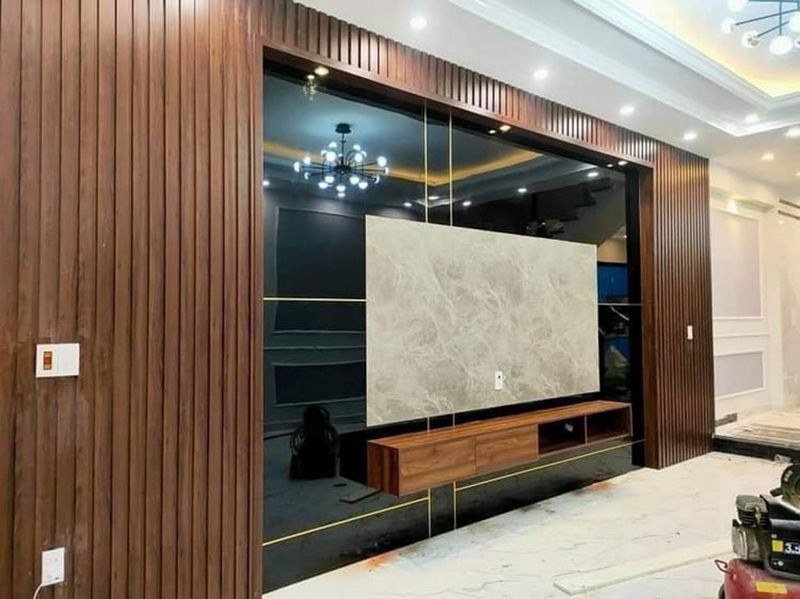 25+ Mẫu ốp gỗ phòng khách nhà ống đẹp, sang trọng 17 Mẫu ốp gỗ phòng khách nhà ống gỗ công nghiệp