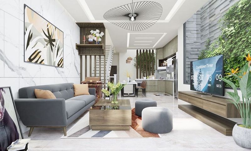 35+ Mẫu phòng khách kết hợp phòng thờ đẹp hợp phong thủy 12 Thiết kế phòng khách có bàn thờ dạng treo