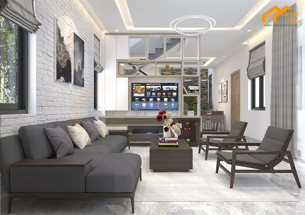 20+ Mẫu thiết kế phòng khách liền bếp 20m2 đẹp tiện nghi nhất 11 Thiết kế phòng khách liền bếp 20m2 có vách ngăn