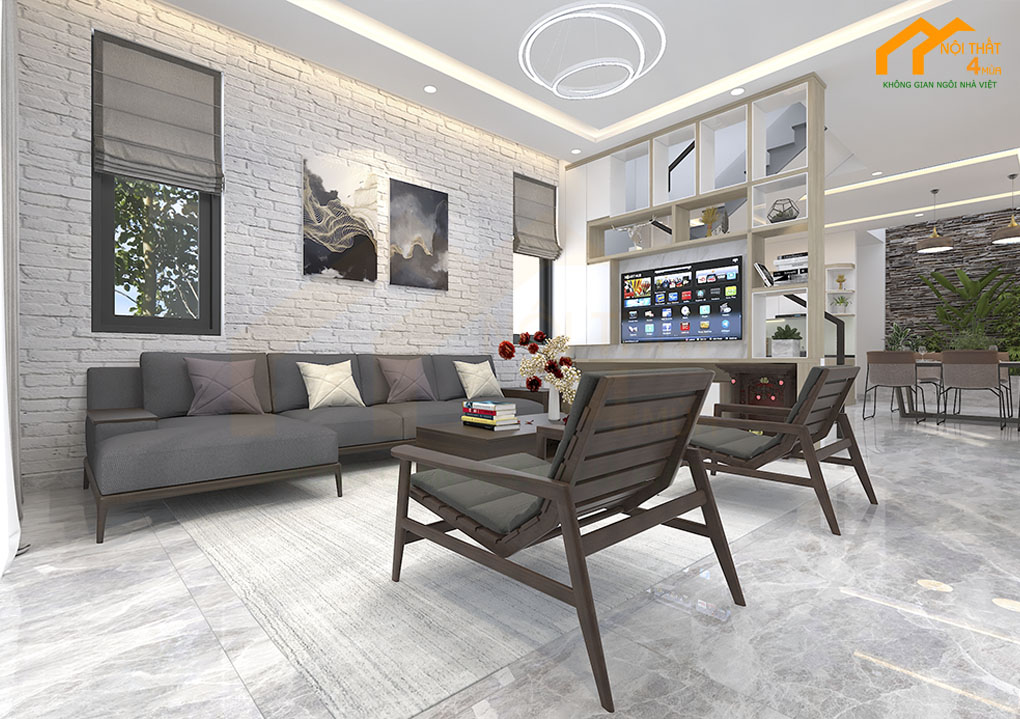 20+ Mẫu thiết kế phòng khách liền bếp 20m2 đẹp tiện nghi nhất 12 Thiết kế phòng khách liền bếp 20m2 có vách ngăn