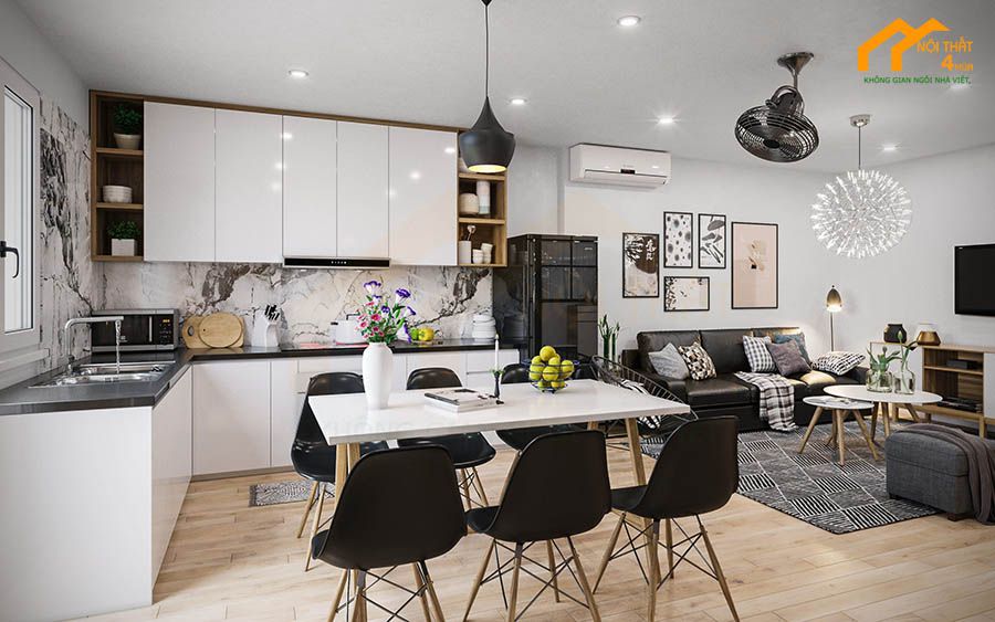 20+ Mẫu thiết kế phòng khách liền bếp 30m2 đẹp hiện đại 21 Phòng khách liền kề bếp với phong cách vintage