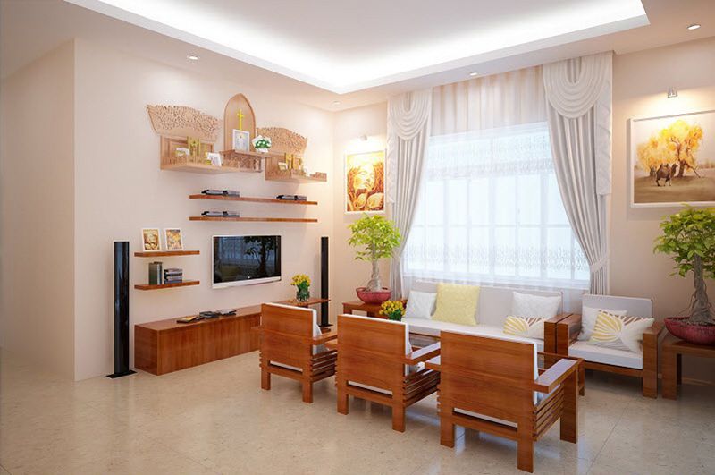 Mẫu phòng khách nhà cấp 4 có bàn thờ