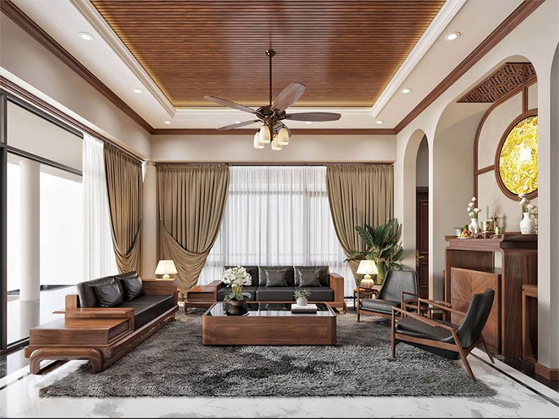 Mẫu phòng khách nhà cấp 4 có bàn thờ đứng