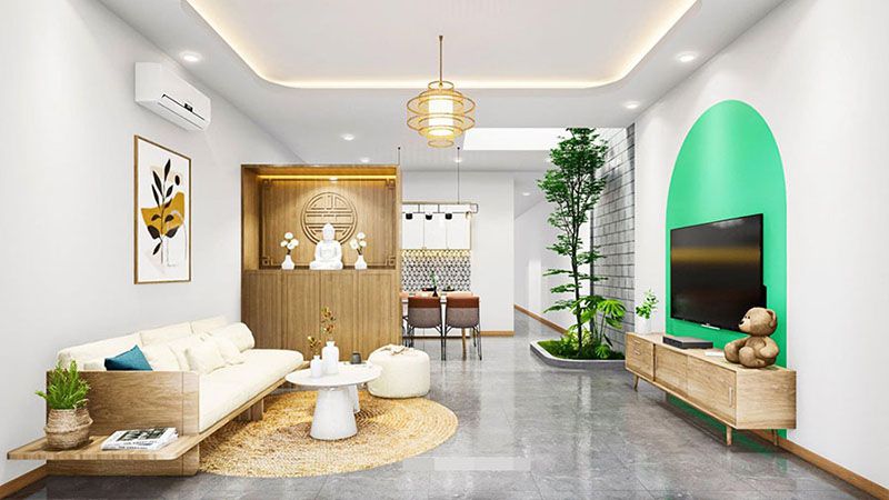 Mẫu phòng khách nhà cấp 4 có bàn thờ đứng