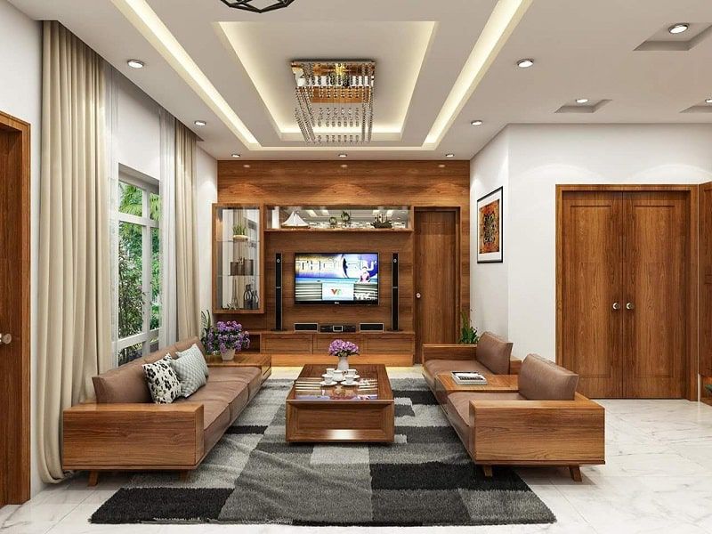 10 Cách trang trí phòng khách nhà cấp 4 đẹp, hiện đại nhất 7 Mẫu phòng khách nhà cấp 4 nội thất bằng gỗ