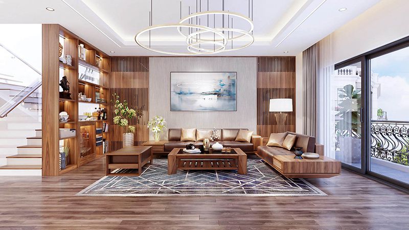 10 Cách trang trí phòng khách nhà cấp 4 đẹp, hiện đại nhất 8 Mẫu phòng khách nhà cấp 4 nội thất bằng gỗ