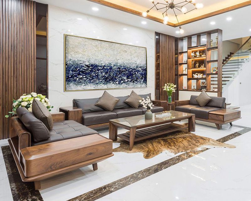 10 Cách trang trí phòng khách nhà cấp 4 đẹp, hiện đại nhất 9 Mẫu phòng khách nhà cấp 4 nội thất bằng gỗ