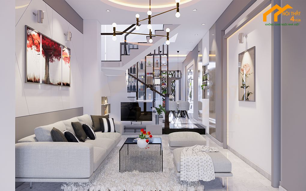 20+ Mẫu thiết kế phòng khách liền bếp 20m2 đẹp tiện nghi nhất 18 Phòng khách liền bếp 20m2 có cầu thang ngăn cách