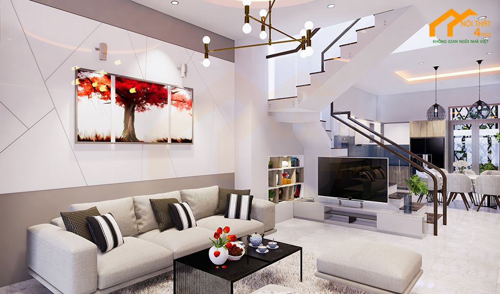 20+ Mẫu thiết kế phòng khách liền bếp 20m2 đẹp tiện nghi nhất 17 Phòng khách liền bếp 20m2 có cầu thang ngăn cách