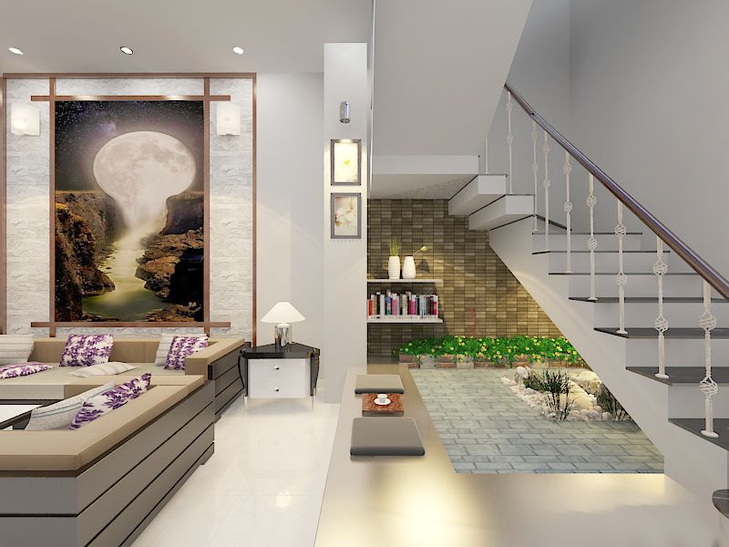 Mẫu cầu thang phòng khách nhà ống đẹp