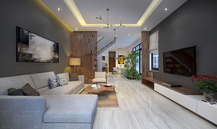 Cách trang trí phòng khách nhà vuông đẹp, hiện đại tối ưu nhất 16 Phòng khách nhà vuông có cầu thang