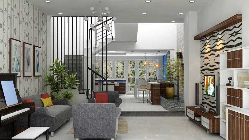 Cách trang trí phòng khách nhà vuông đẹp, hiện đại tối ưu nhất 8 Phòng khách nhà vuông có cầu thang