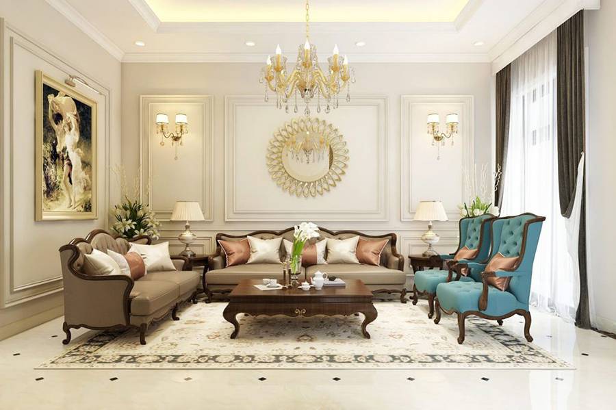 Trần, tường phòng khách tân cổ điển