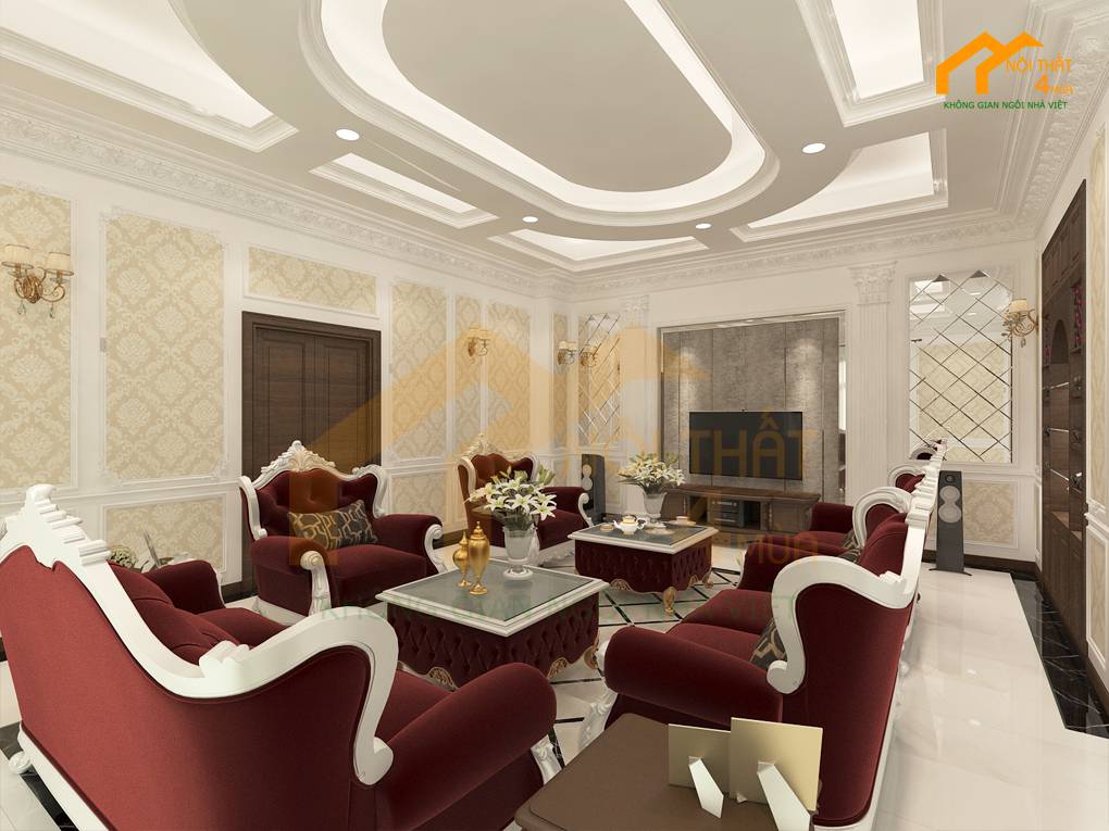 Thiết kế phòng khách nhà biệt thự tân cổ điển