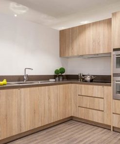 Mẫu tủ bếp chữ L gỗ Laminate