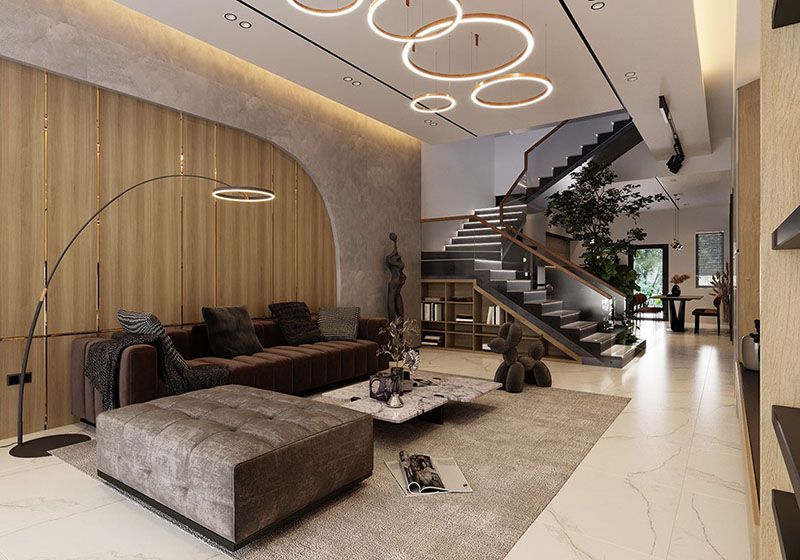 20+ Mẫu phòng khách nhà ống 5m có cầu thang đẹp hiện đại 6 Thiết kế cầu thang giữa phòng khách và nhà bếp