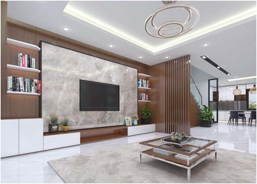 25+ Mẫu ốp gỗ phòng khách nhà ống đẹp, sang trọng 23 Ốp gỗ phòng khách nhà ống bằng gỗ tự nhiên