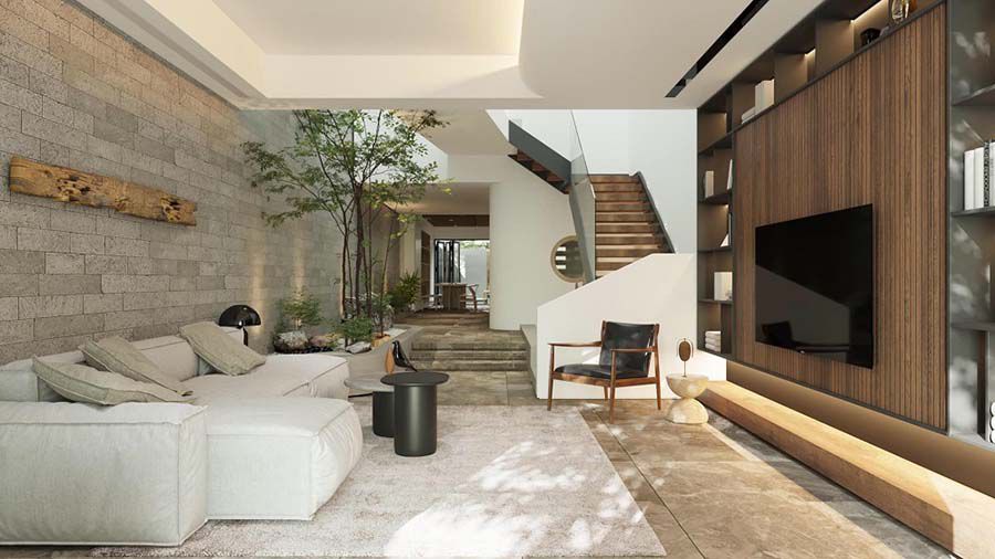 25+ Mẫu ốp gỗ phòng khách nhà ống đẹp, sang trọng 9 Ốp gỗ chân tường tại vị trí vách, kệ tủ tivi