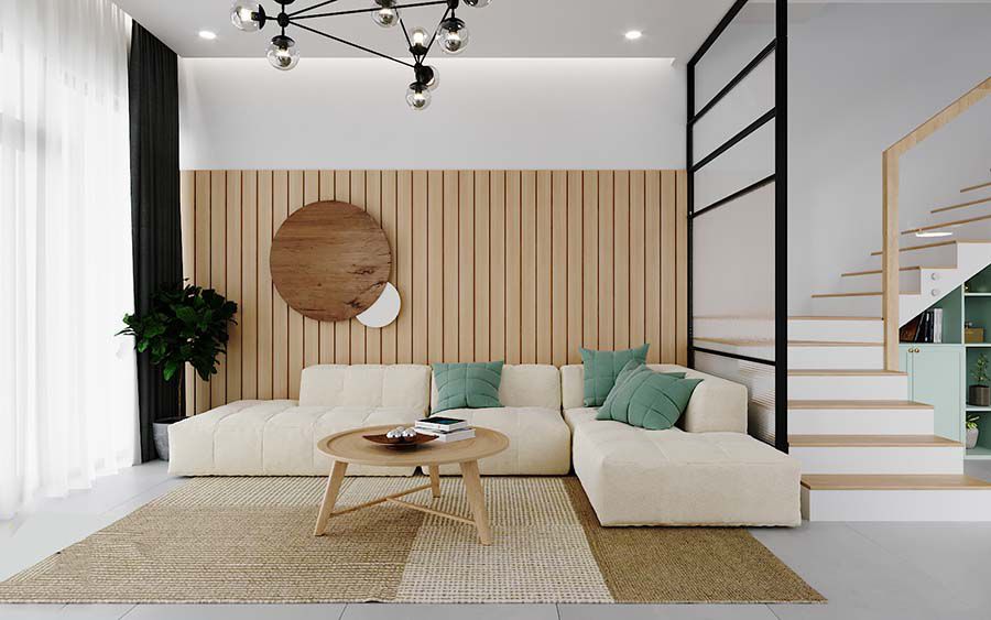 25+ Mẫu ốp gỗ phòng khách nhà ống đẹp, sang trọng 29 Ốp gỗ phòng khách nhà ống bằng gỗ tự nhiên