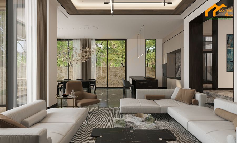 Mẫu thiết kế nội thất phòng khách biệt thự đơn giản, tinh gọn