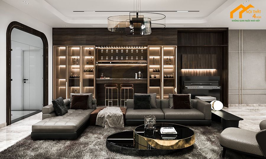 Mẫu thiết kế nội thất phòng khách biệt thự đơn giản, tinh gọn