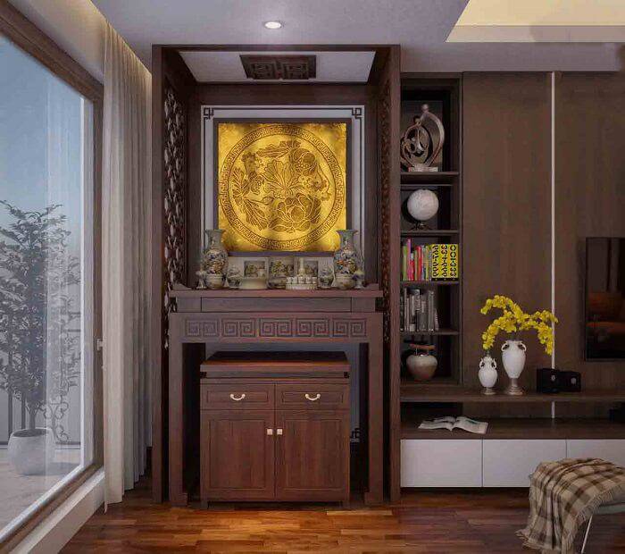 Phòng thờ kết hợp phòng khách nhà cấp 4 có vách ngăn