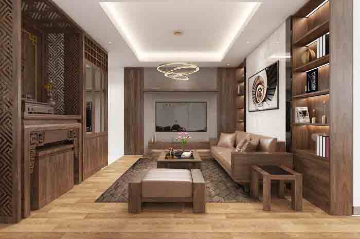 35+ Mẫu phòng khách kết hợp phòng thờ đẹp hợp phong thủy 23 Thiết kế phòng khách kết hợp phòng thờ có vách ngăn