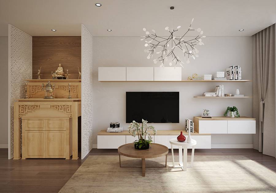 35+ Mẫu phòng khách kết hợp phòng thờ đẹp hợp phong thủy 4 Phòng khách nhà ống có bàn thờ