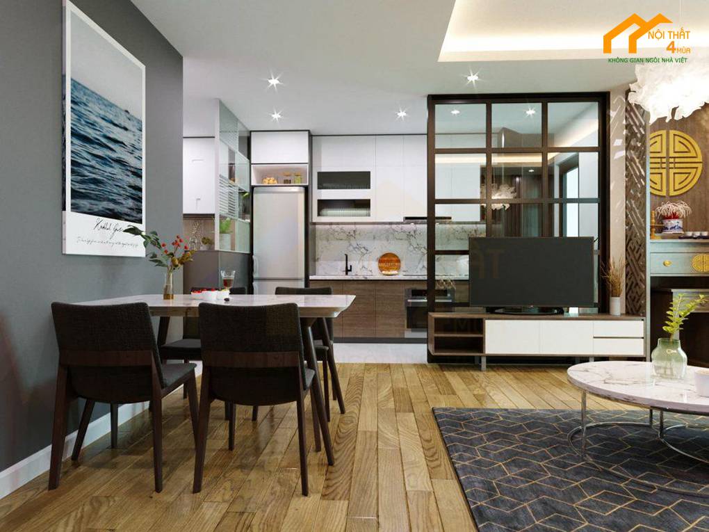 Vách tivi phòng khách ngăn phòng bếp