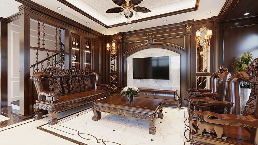 Vách tivi phòng khách gỗ tự nhiên