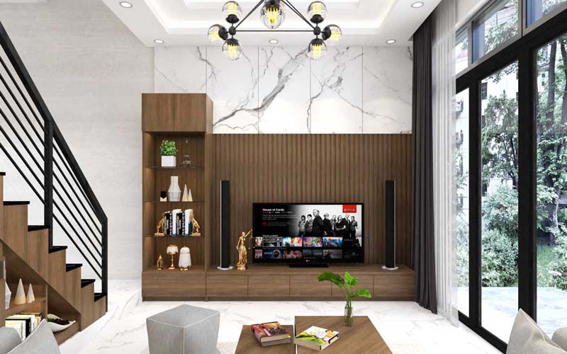 Vách tivi phòng khách gỗ công nghiệp