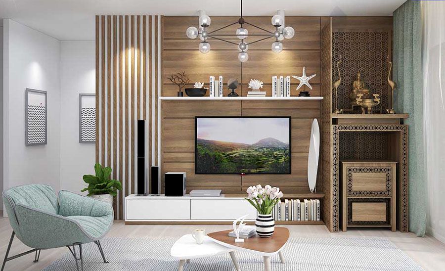 Vách tivi phòng khách nhựa giả gỗ