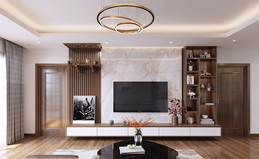 Vách tivi phòng khách nhựa giả gỗ