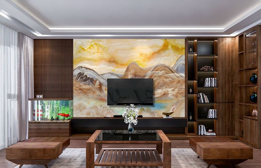 Vách tivi phòng khách nhựa giả gỗ