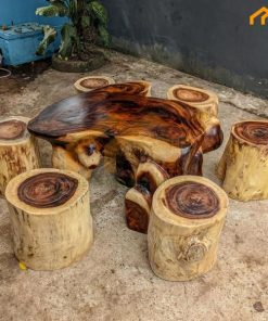 Bàn trà gỗ me tây 110x110 có 6 đôn