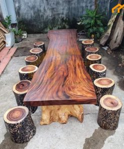 Bàn ăn gỗ me tây nguyên tấm - BAGMT01 6 Mẫu bàn ăn me tây nguyên tấm 10 ghế 330x80x10cm