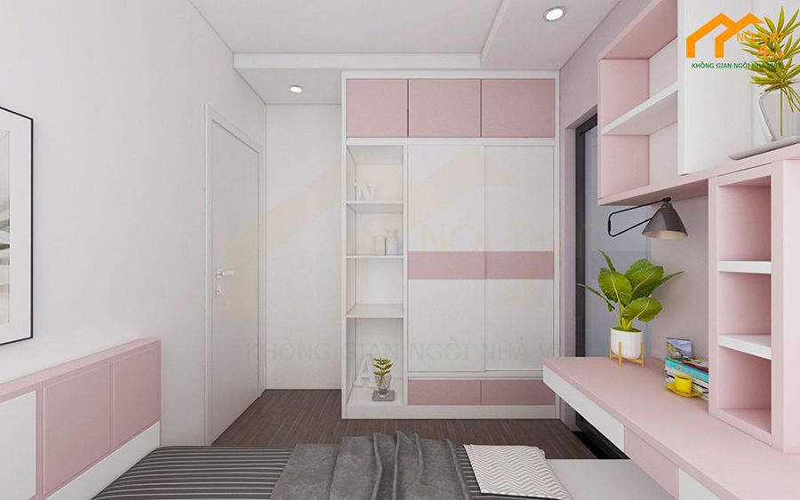 Mẫu tủ áo màu hồng cánh cửa lùa