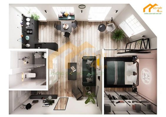 Mẫu thiết kế nội thất căn hộ studio cho thuê đẹp