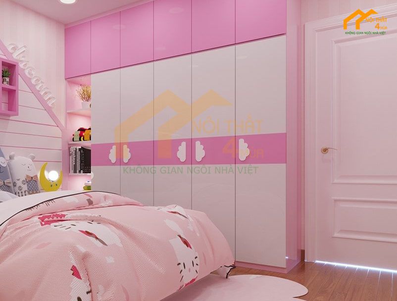 Mẫu tủ áo âm tường màu hồng cho bé gái đẹp